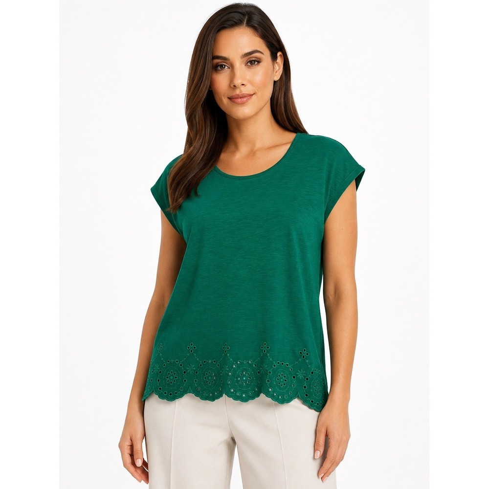 Market & Spruce Luna Scalloped Hem Eyelet Tee Green Short Sleeve Top M NEW